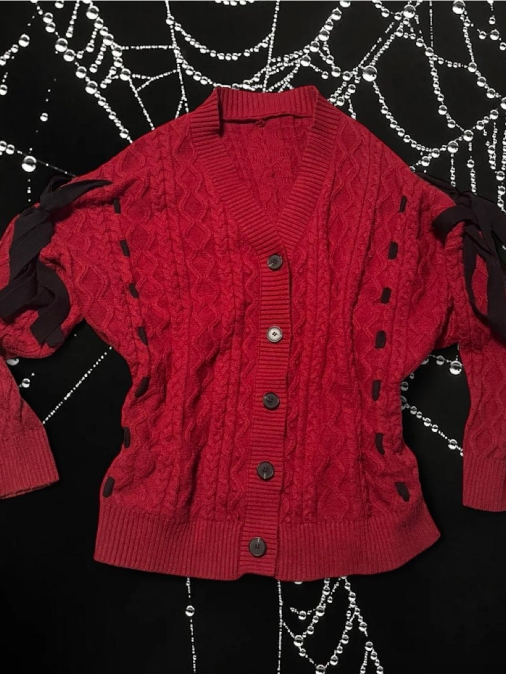 Red Cable-Knit Button-Front Cardigan with Ribbon Sleeve Detail